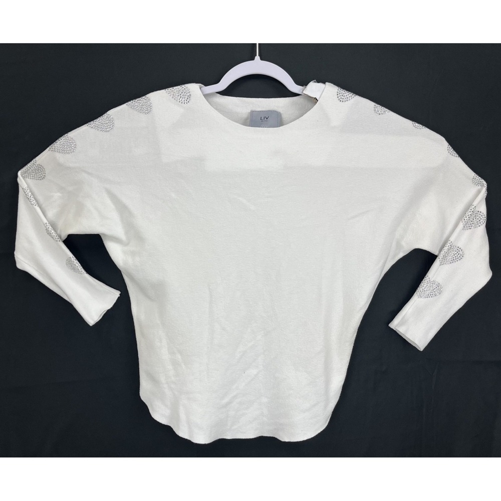 GUC LIV Milano Women's White Rhinestone Heart Sleeve Batwing Knit Sweater Size S